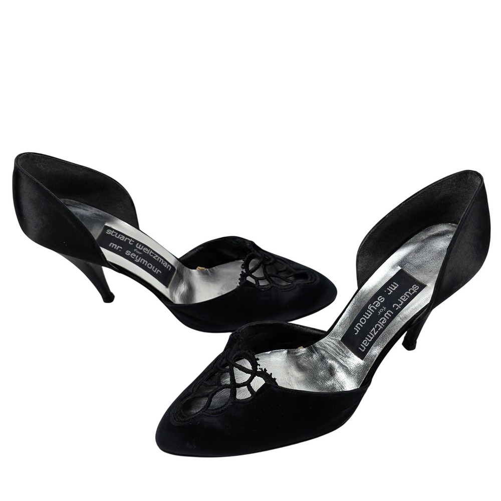 Vintage Stuart Weitzman Mr Seymour Pumps d'Orsay Black Satin Cutout Heels 90s